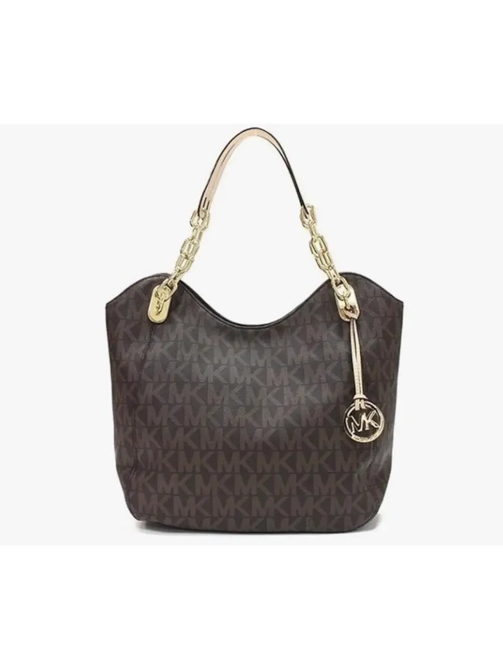 Michael Kors Lilly MK Monogram Chain Shoulder Tote Brown